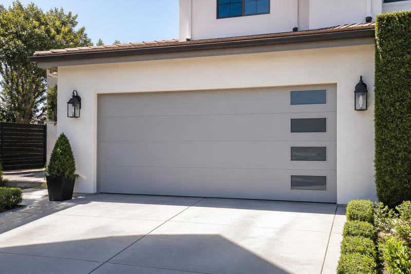 Newly installed light grey sectional garage door on a stucco home
