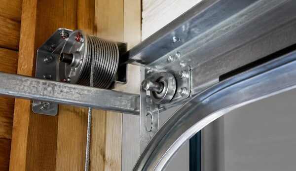 Close-up of a garage door cable drum, roller and track hardware