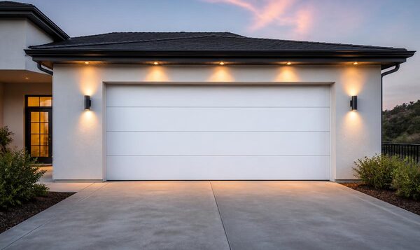 Newly installed white sectional garage door on a home at dusk
