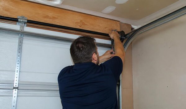 Garage door technician servicing the overhead track of a residential garage door
