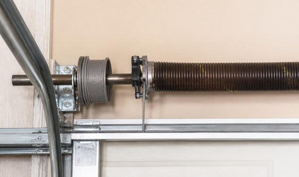 Close-up of a torsion spring mounted above a residential garage door