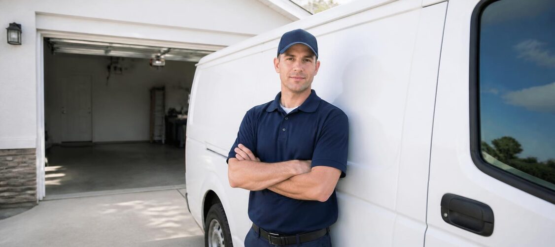Orca Garage Doors garage door service van outside a home in the Greater Toronto Area